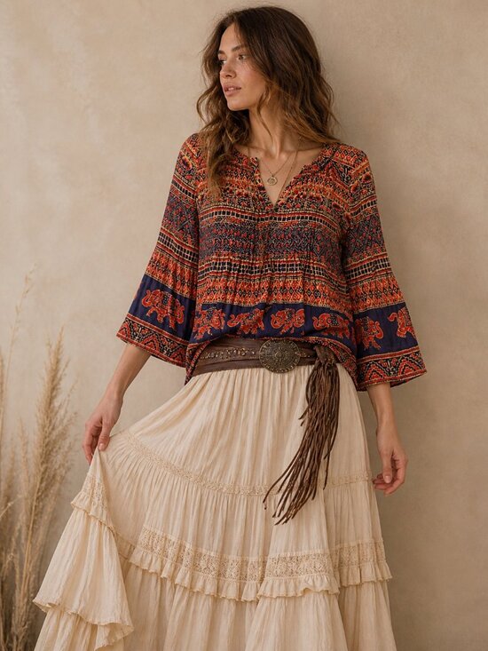 Anthropologie Tops - ANTHRO Vanessa Virginia Tribal Elephant Print Blouse Boho Split Neck Size 4
